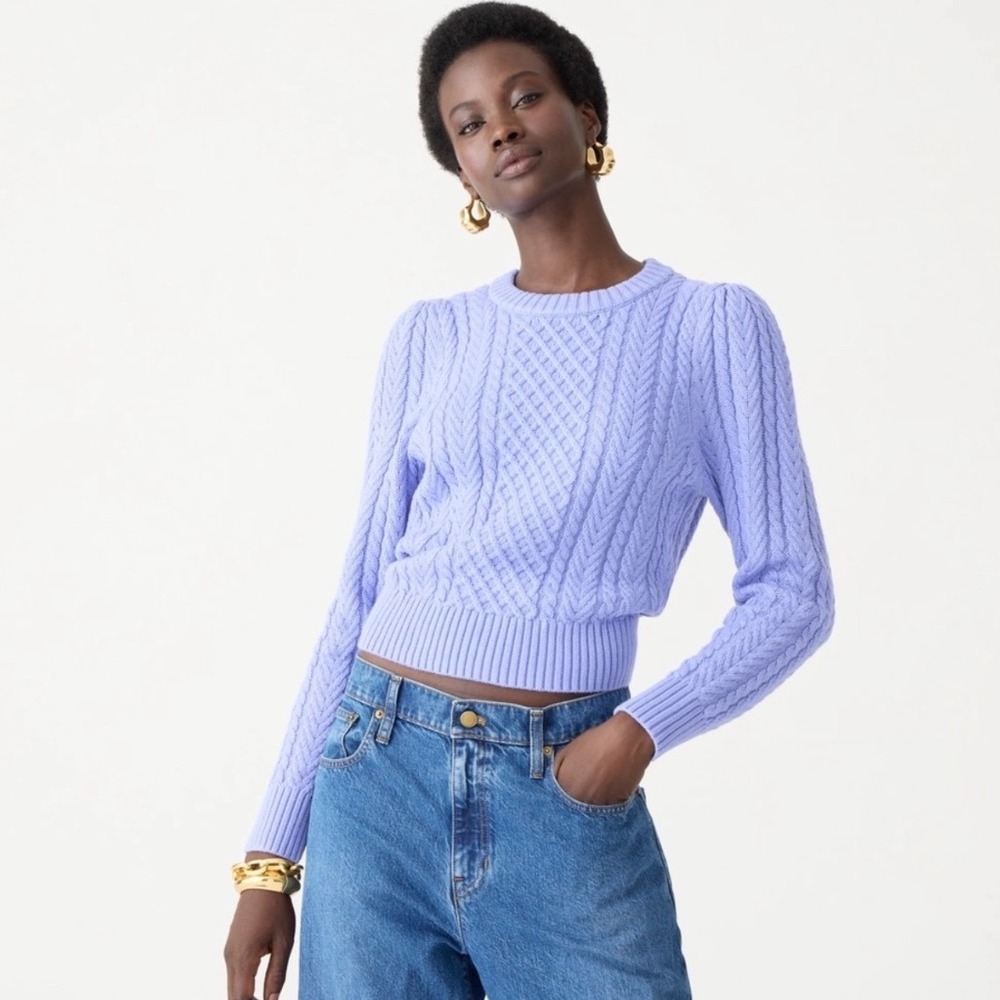 J. Crew Cable Knit Puff Sleeve Crewneck Sweater Large